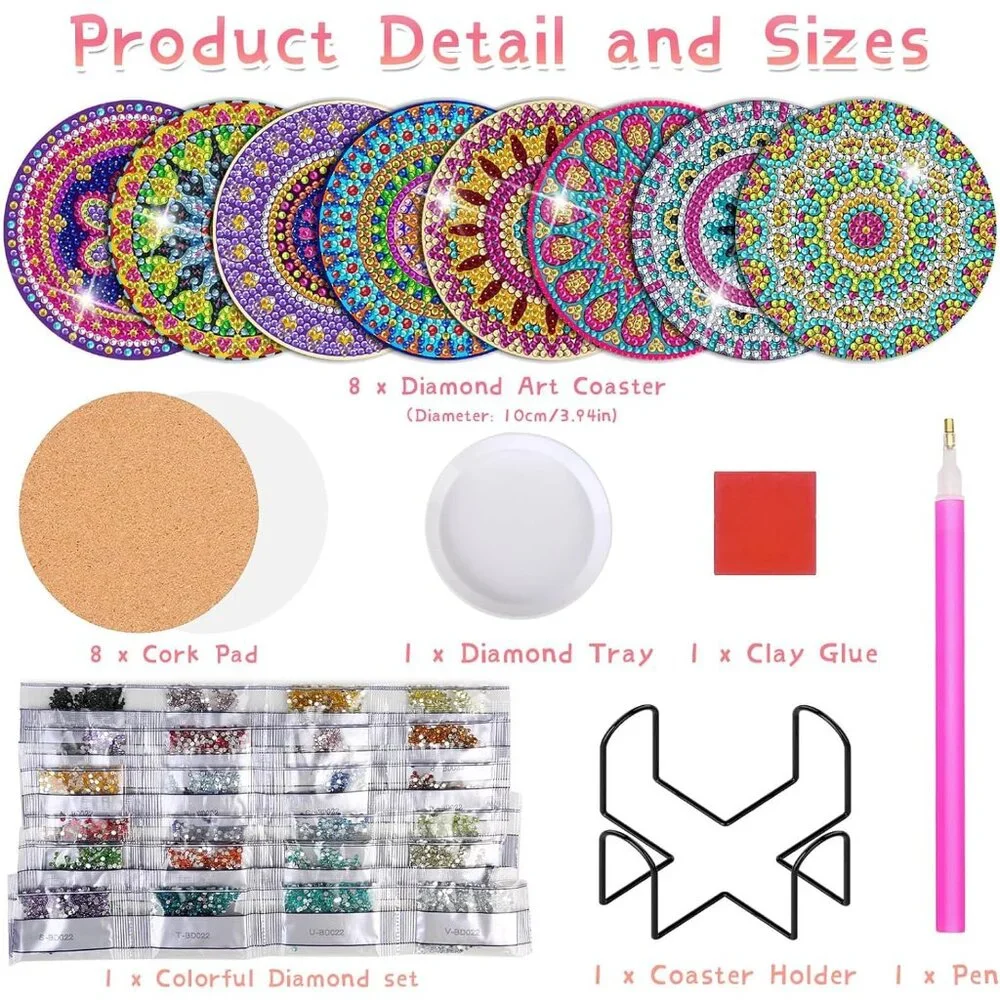 Diamond Painting Coasters Kit, 8 Pieces Mandala with Holder, DIY Art for Beginne